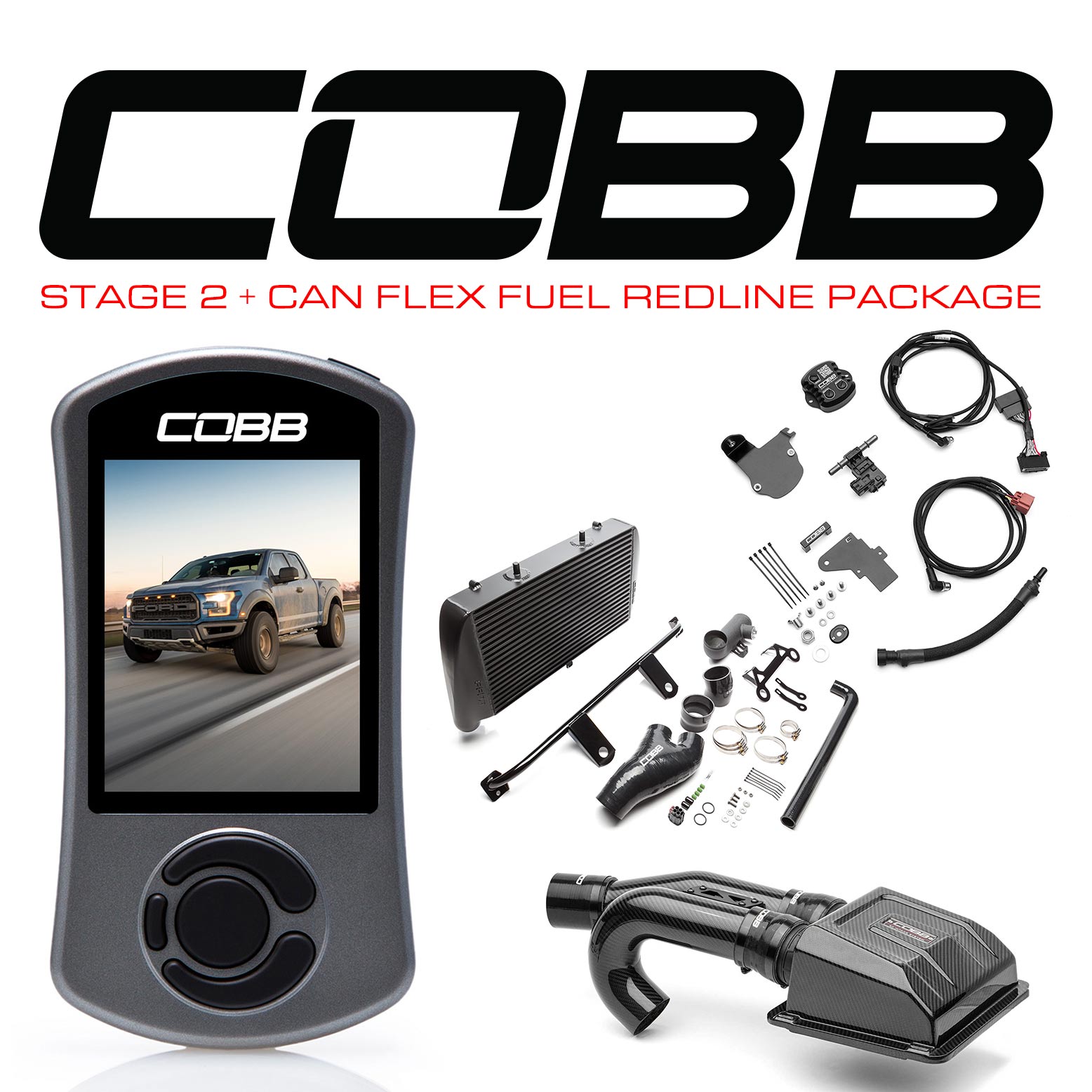 COBB Tuning 0050020BK-RED-FF Stage 2 + CAN Flex Fuel Redline Carbon Fiber Power Package Black for 17-20 Ford F-150 Raptor Ecoboost