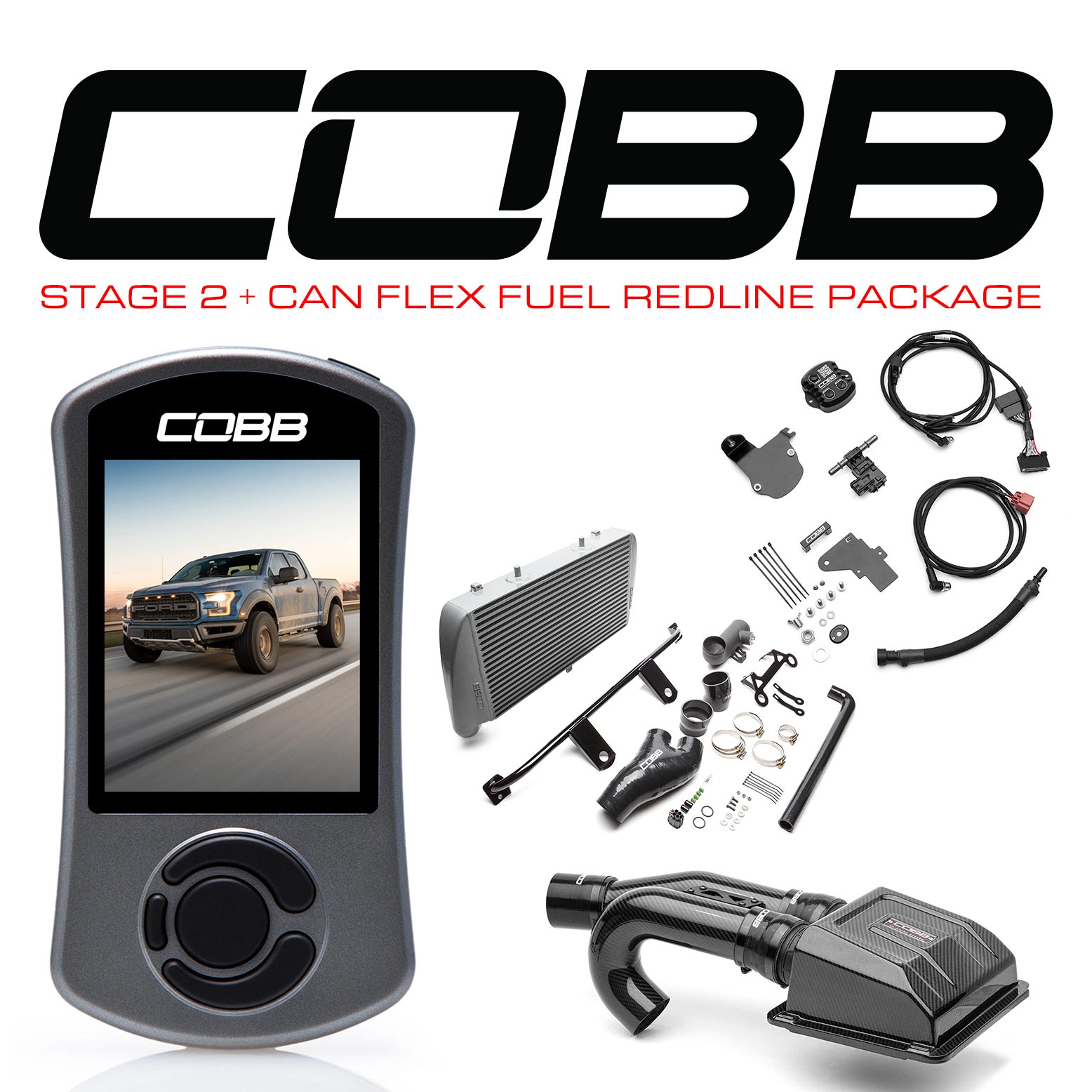 COBB Tuning 0050020SL-TCM-RED-FF Stage 2 + CAN Flex Fuel Redline Carbon Fiber Power Package Silver with TCM for 17-20 Ford F-150 Raptor Ecoboost