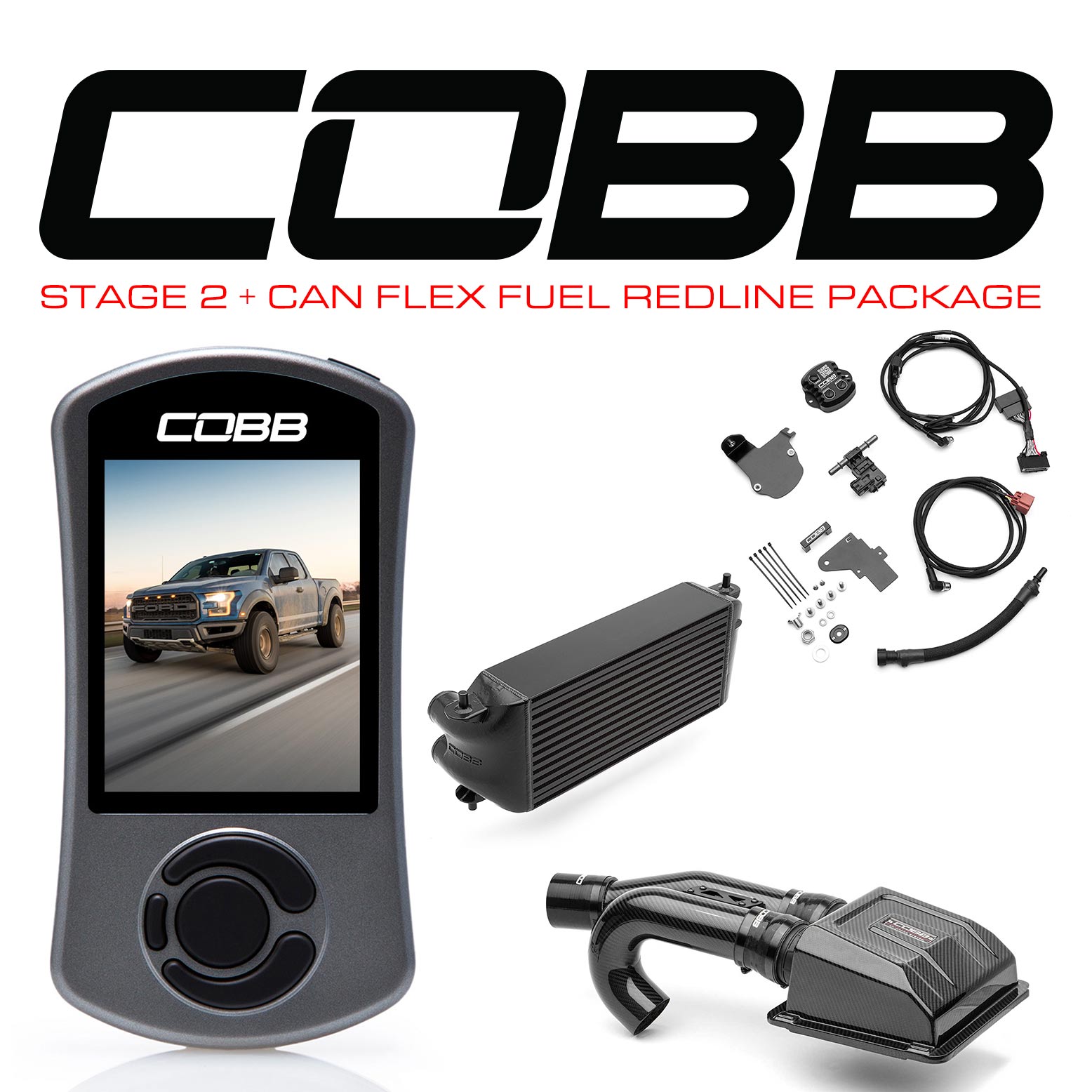 COBB Tuning 0050S20BK-RED-FF Stage 2 + CAN Flex Fuel Redline Carbon Fiber Power Package Black (Factory Location Intercooler) for 17-20 Ford F-150 Raptor Ecoboost