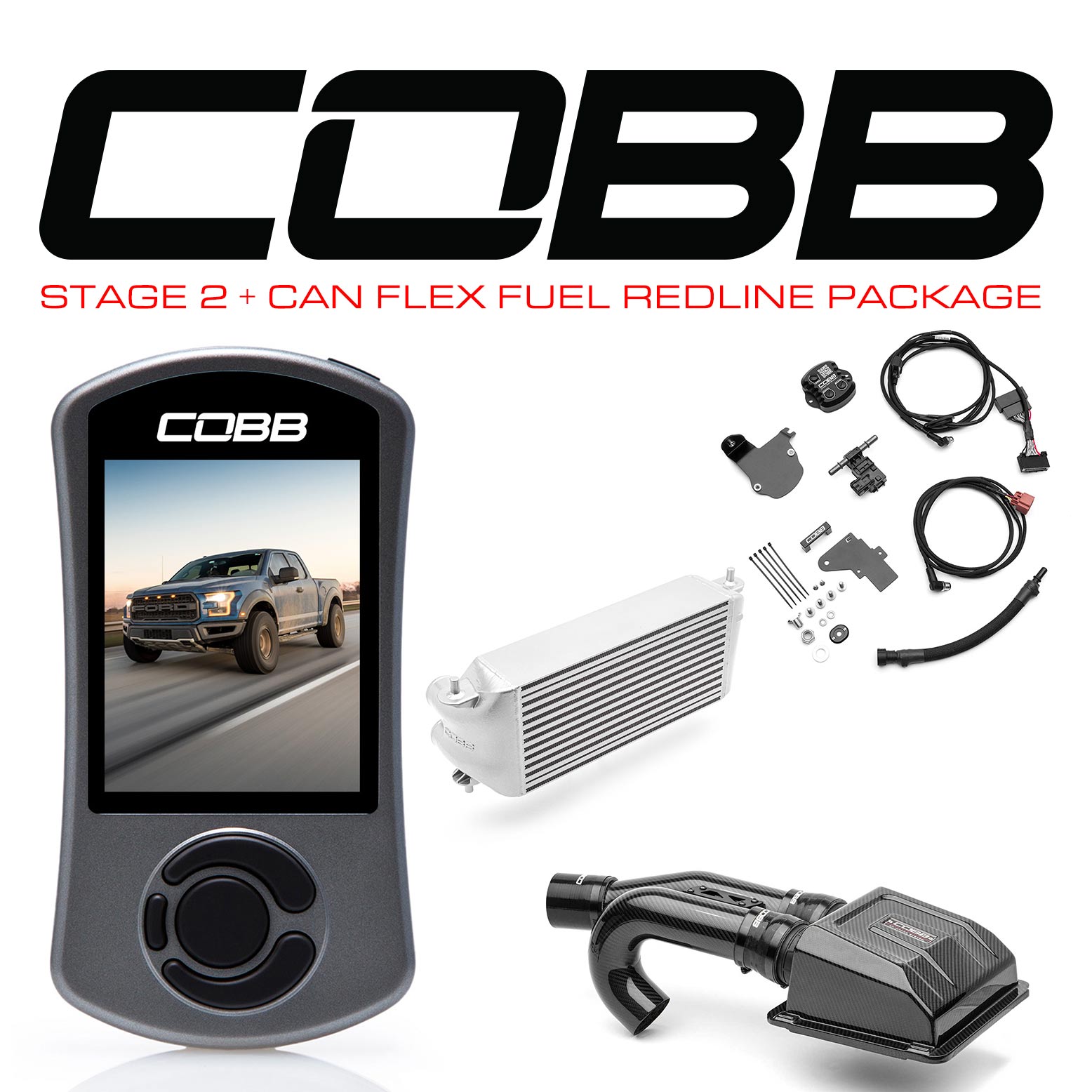 COBB Tuning 0050020BK-TCM-RED-FF Stage 2 + CAN Flex Fuel Redline Carbon Fiber Power Package Black with TCM for 17-20 Ford F-150 Raptor Ecoboost